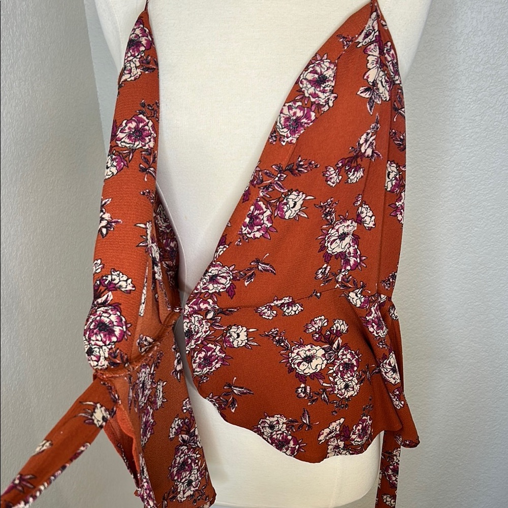 Floral Wrap Top - Rust and Cream Blouse Size Large - Picture 7 of 11